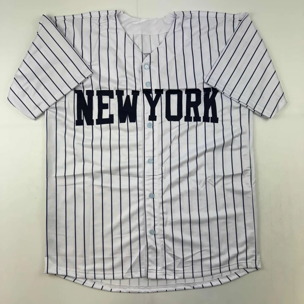 White custom jersey with black pinstripes and NEW YORK for professional sports fans