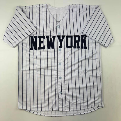 White custom jersey with black pinstripes and NEW YORK for professional sports fans