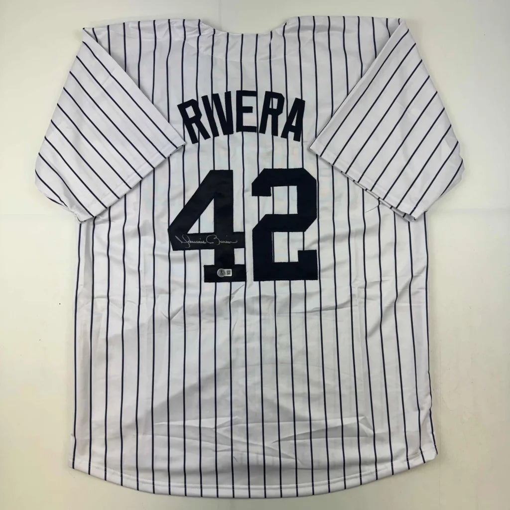 Autographed Mariano Rivera custom jersey, New York Pinstripe with black lettering