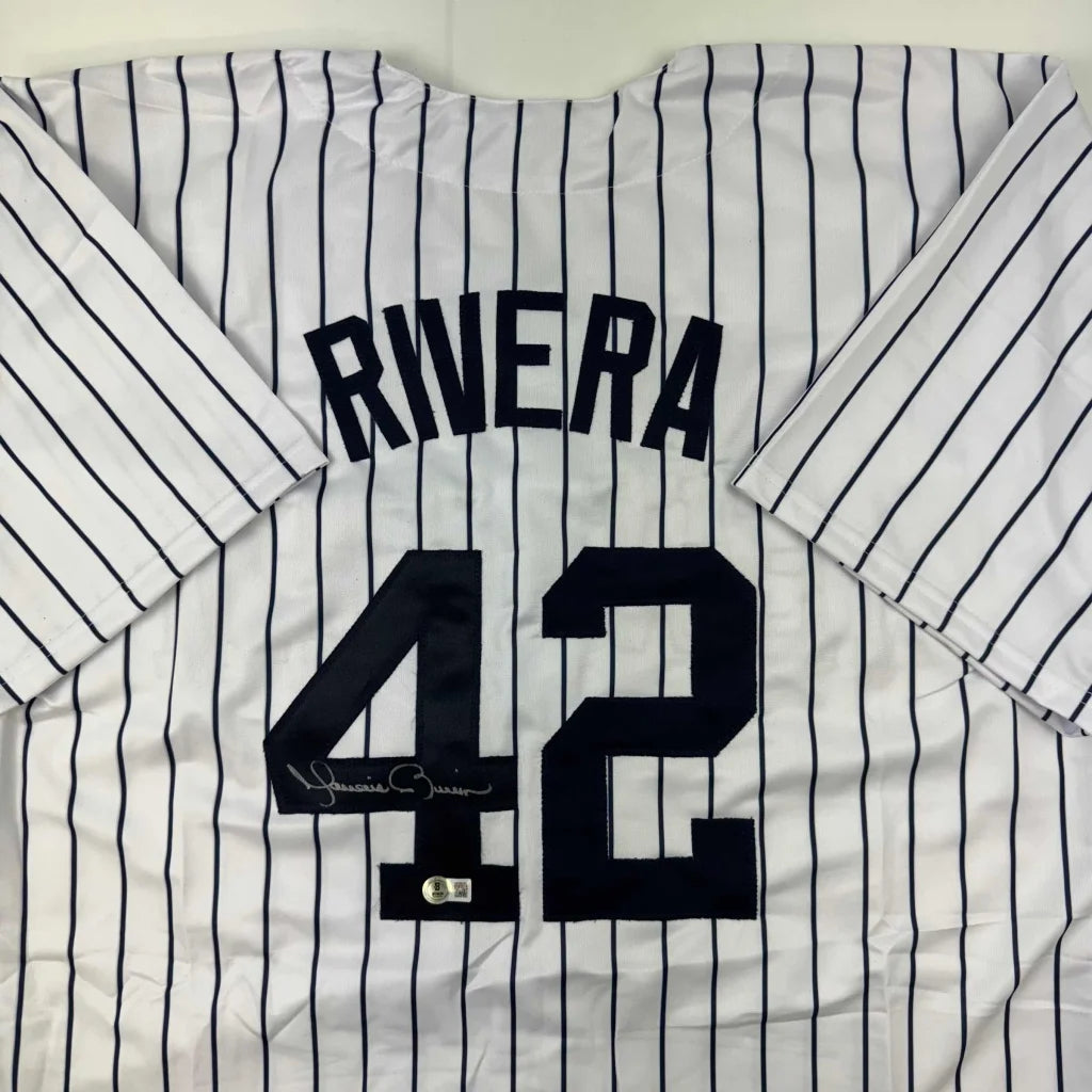 White pinstriped custom jersey with RIVERA 42 for professional sports fans