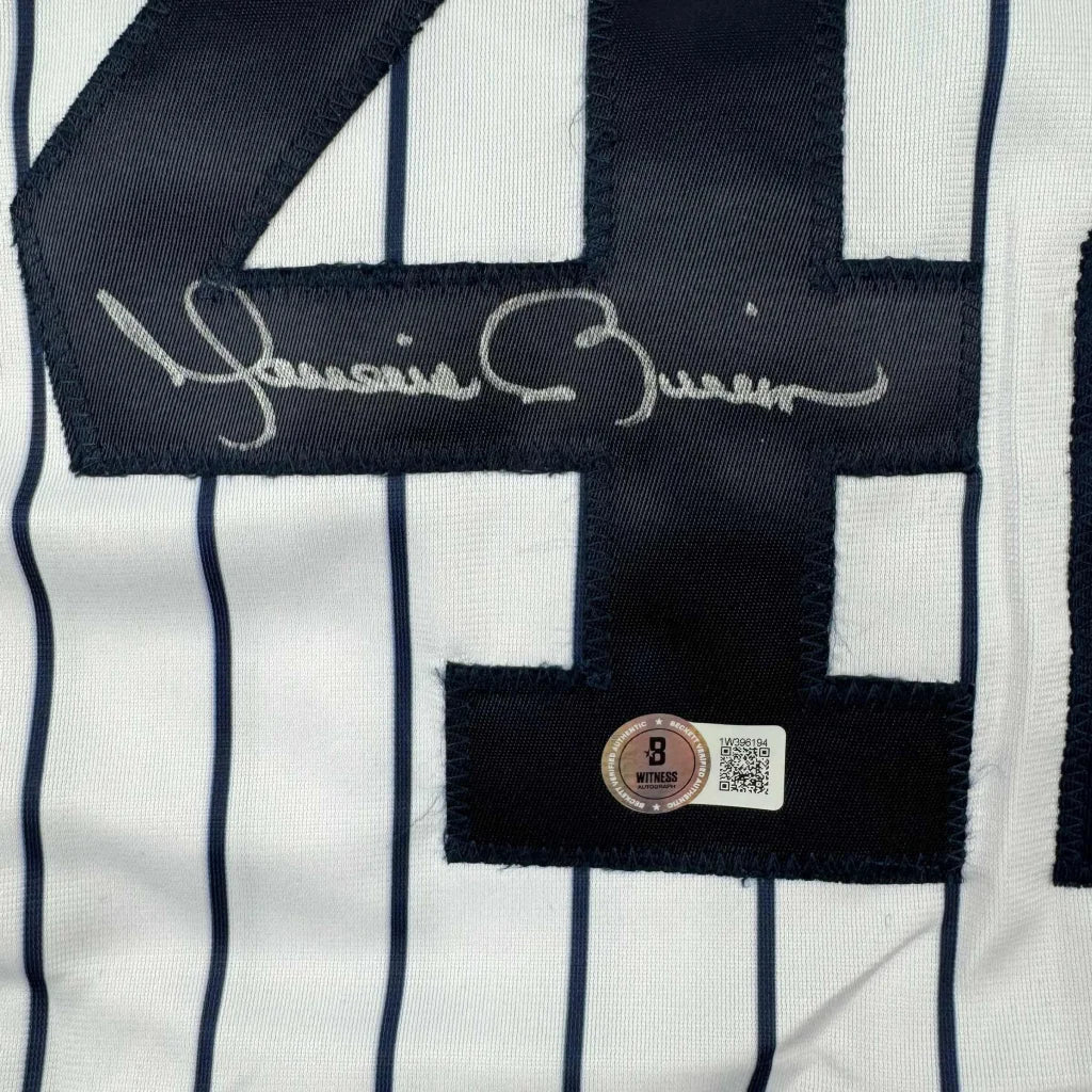 Autographed Mariano Rivera New York Yankees custom jersey with Jeter signature, number 41, professional sports MLB pinstripe