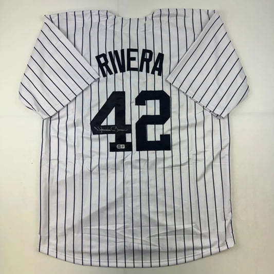 White pinstriped custom jersey with RIVERA 42 for professional sports fans