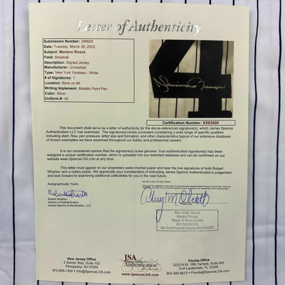 Autographed Mariano Rivera custom jersey with silver signature, JSA certified