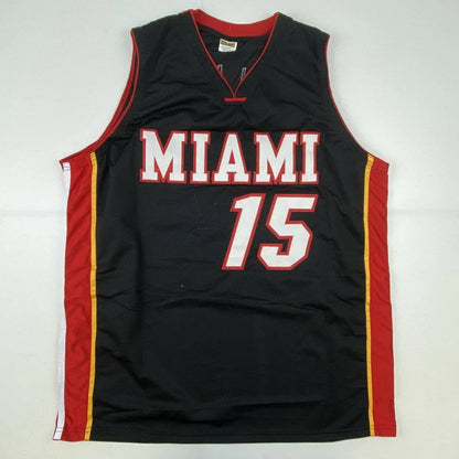 Black Miami Heat custom jersey with red and gold trim featuring number 15 and JSA COA