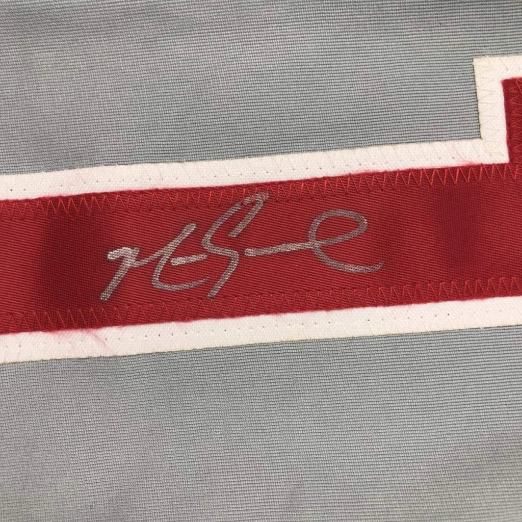 Grey custom jersey with red white stripe autographed in silver for sports league fans