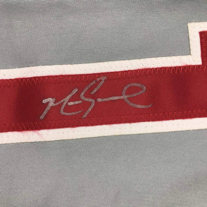 Grey custom jersey with red white stripe autographed in silver for sports league fans