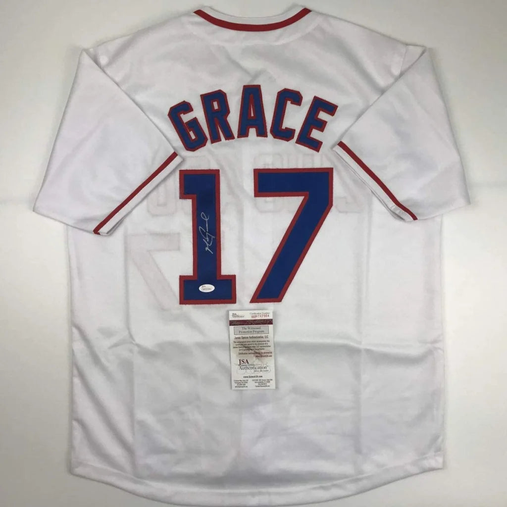 Signed white custom jersey with red trim and blue 17, perfect for pro sports fans
