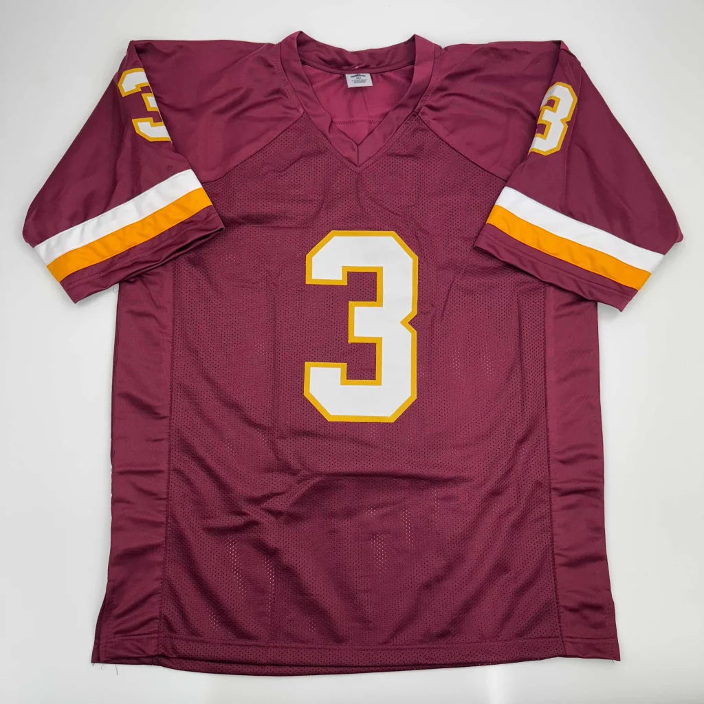 Maroon custom jersey with white and gold number 3 from professional sports league memorabilia