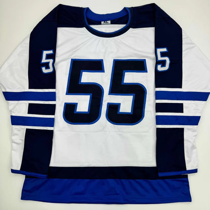 White and blue long-sleeved custom jersey with number 55 for professional sports fans