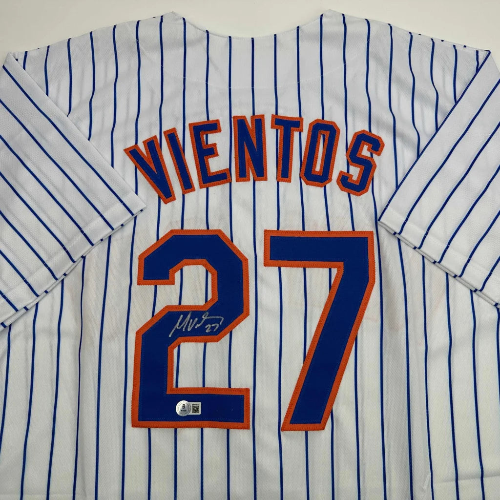 Autographed/Signed Mark Vientos New York Pinstripe Baseball Jersey Beckett BAS COA