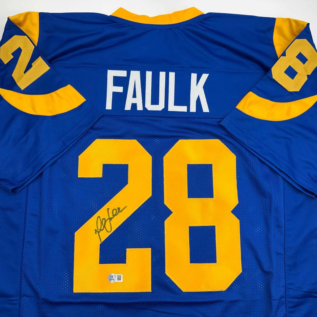 Autographed Marshall Faulk St. Louis Blue Football Jersey Beckett BAS COA | Certified Authentic Signed Memorabilia | vintageantiquesgifts.com
