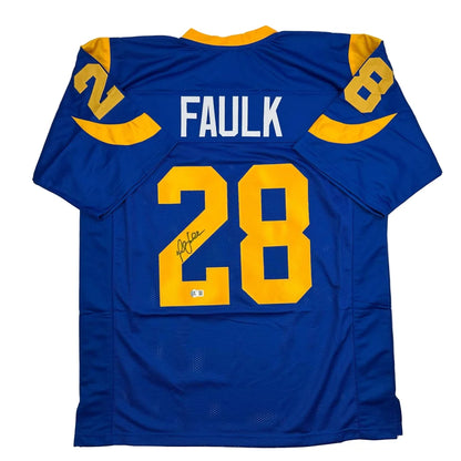 Autographed Marshall Faulk St. Louis Blue Football Jersey Beckett BAS COA | Hall of Fame Sports Memorabilia | vintageantiquesgifts.com