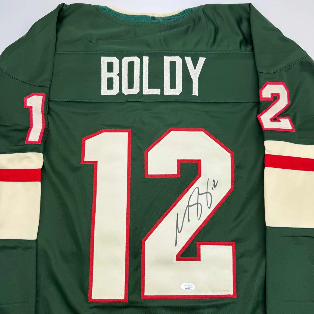 Green and cream custom jersey with red accents and signature for professional sports fans