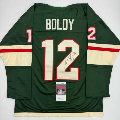 Boldy #12 Minnesota Wild custom jersey with autograph and authentication sticker for professional sports fans