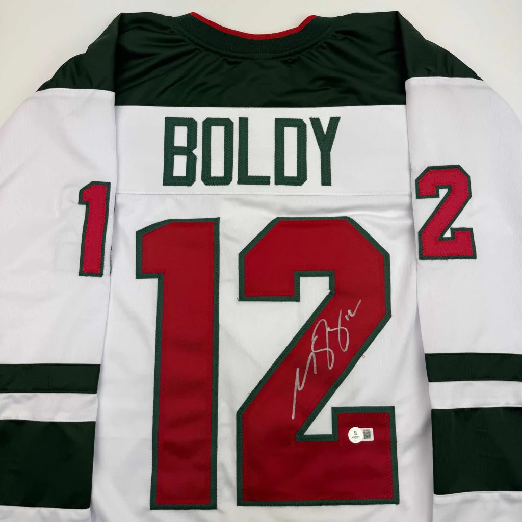 White custom hockey jersey with BOLDY 12 signature from Professional Sports League