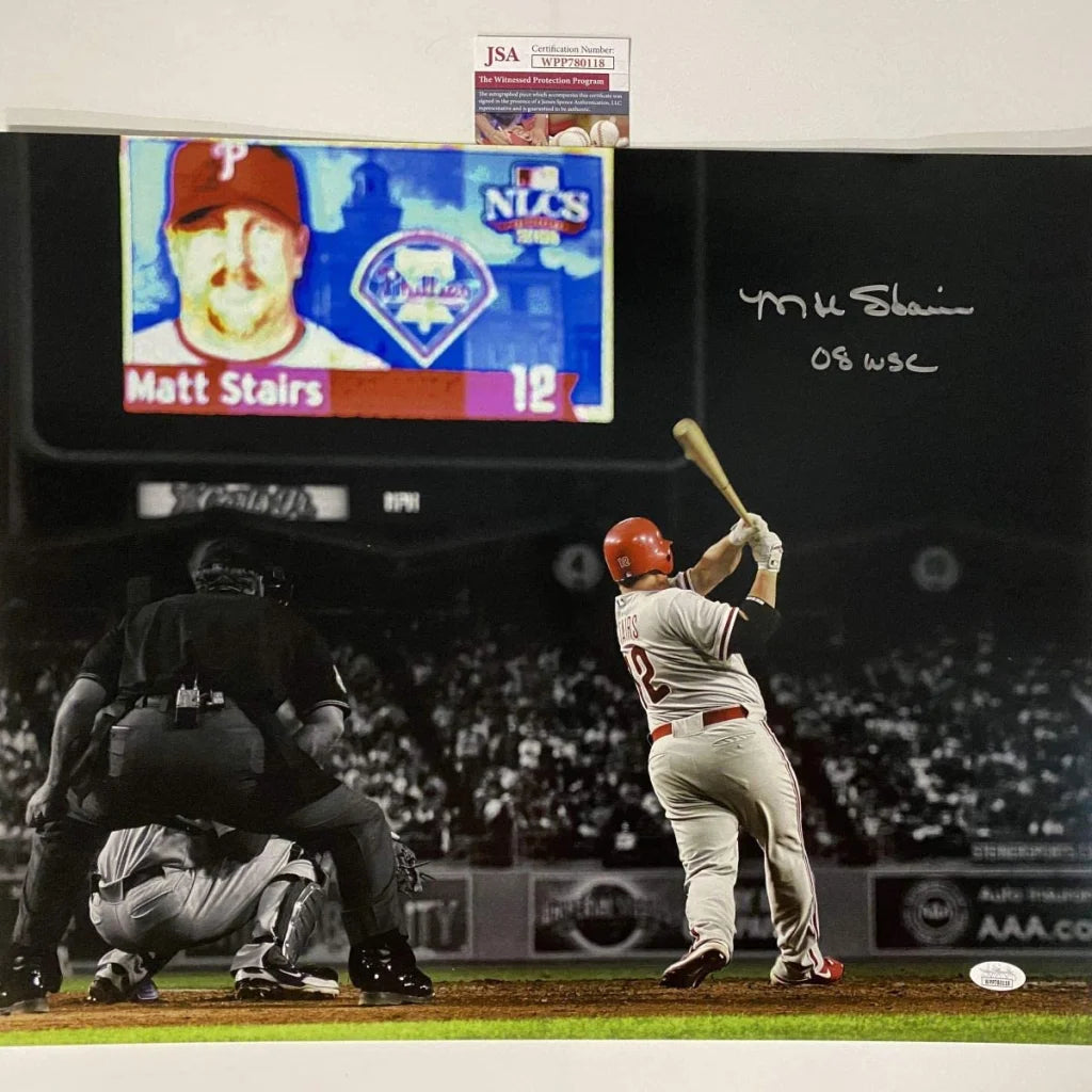 Autographed Matt Stairs 2008 WS moon shot Phillies 16x20 photo JSA COA