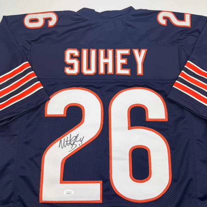 Navy blue professional sports league custom jersey with SUHEY 26 autograph and orange trim