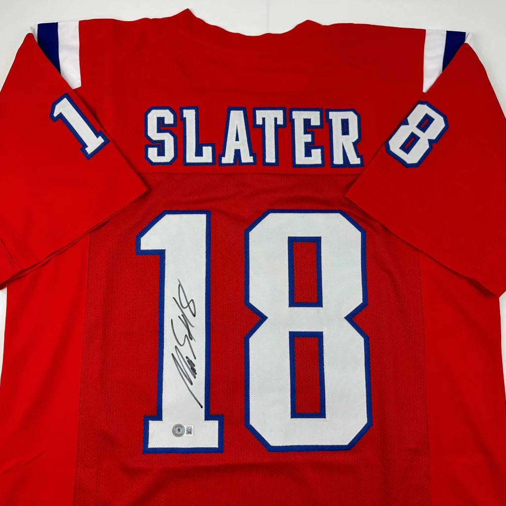 Autographed Matthew Slater red Patriots custom jersey back, number 18, Beckett COA