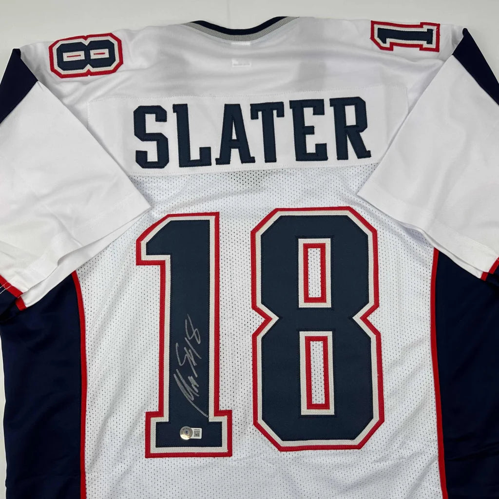 Autographed white and blue custom jersey with number 18 and Slater name from Professional Sports League