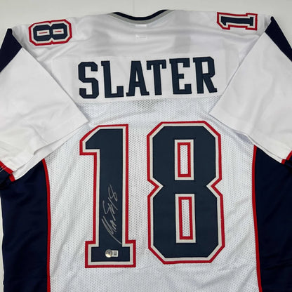 Autographed white and blue custom jersey with number 18 and Slater name from Professional Sports League