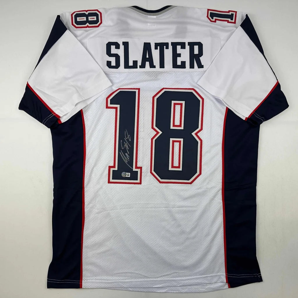 White and navy blue Slater 18 custom jersey from Professional Sports League with signature