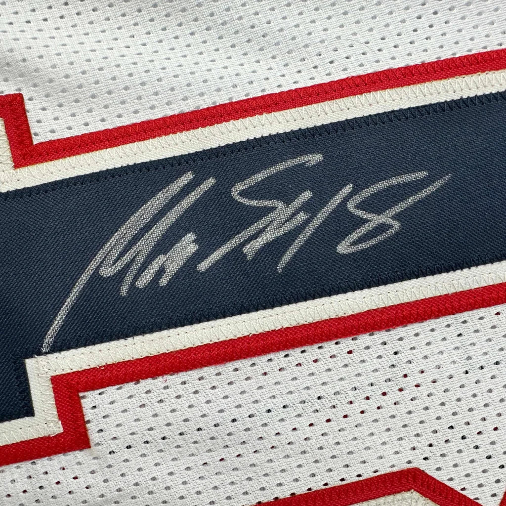 Autographed white Slater 18 custom jersey with red and blue stripes from Professional Sports League