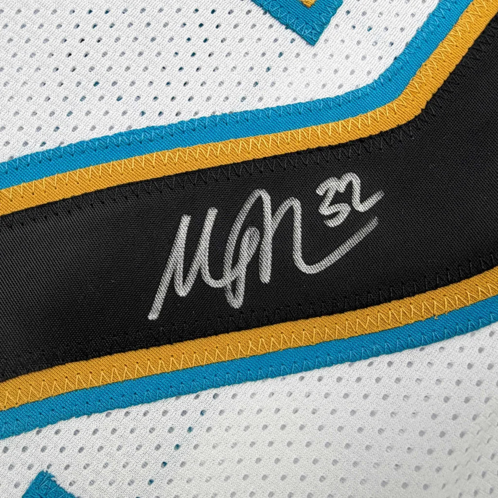 White #32 signature stitched on black panel of Carolina Panthers custom jersey