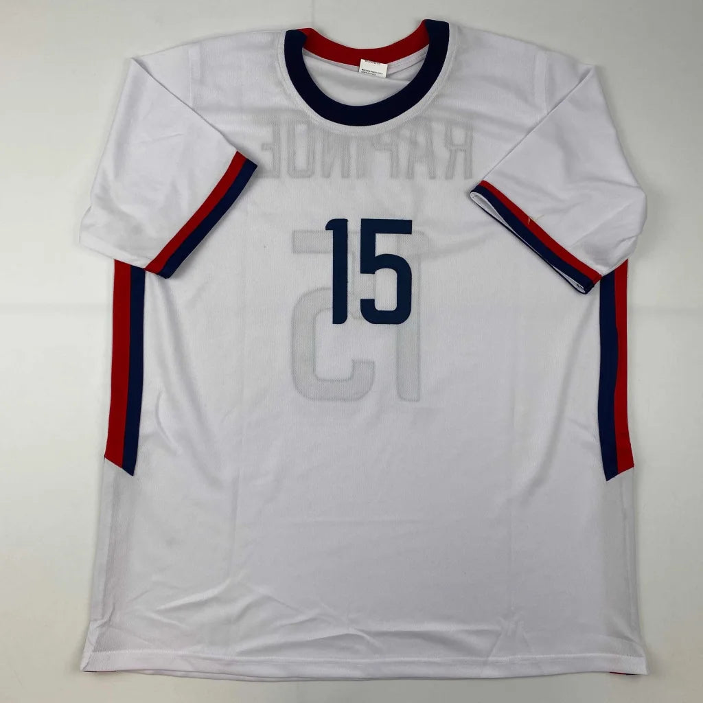 White Rapinoe 15 autographed jersey with navy blue and red details for professional sports league