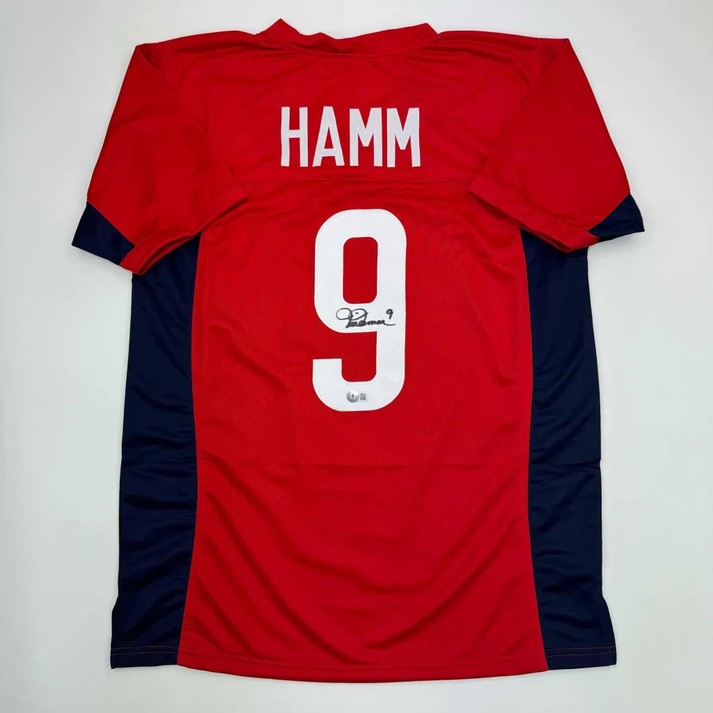 Red and navy blue custom jersey with number 9 from Mia Hamm Signed Sports Memorabilia