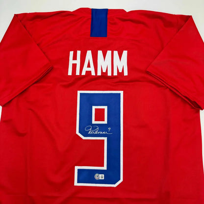 Autographed Mia Hamm red Team USA custom jersey with Hamm and number 9