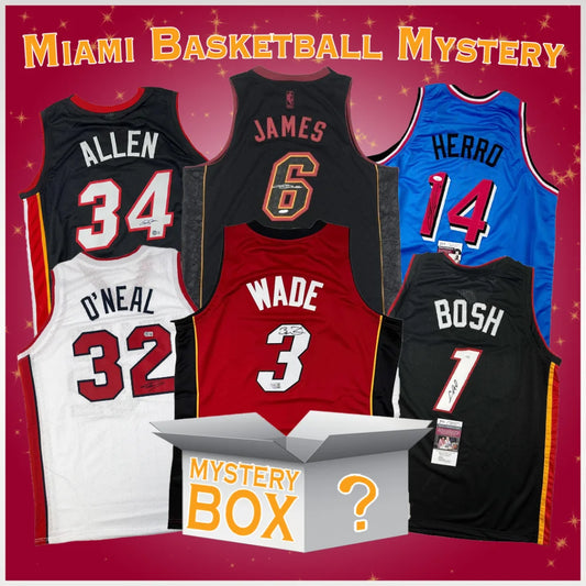 Miami basketball jersey mystery box with signed jerseys and a mystery box included