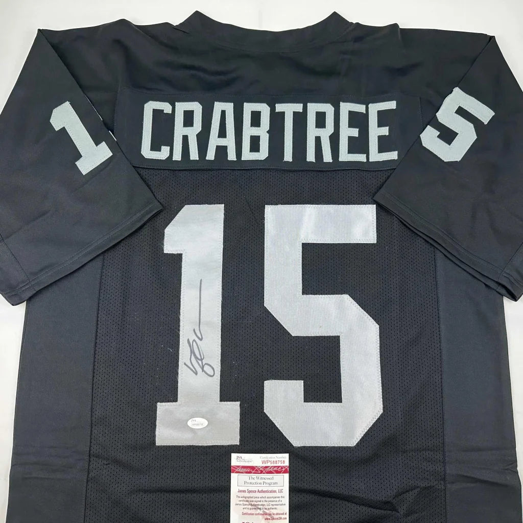 Autographed Michael Crabtree Oakland Las Vegas Black Football Jersey JSA COA | Certified Authentic Signed Memorabilia | vintageantiquesgifts.com