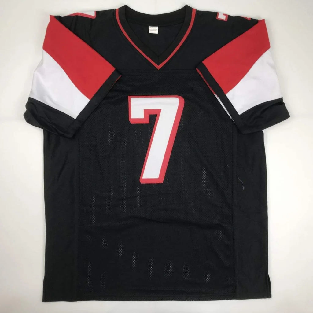 Black short-sleeved custom jersey with red white stripes and number 7 for sports league