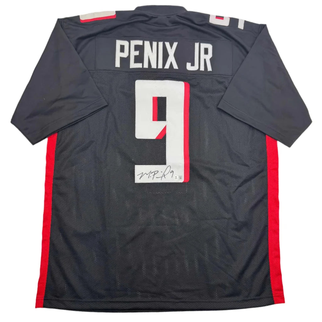Back of autographed michael penix jr custom black football jersey with red side panels and white number 9 for professional sports league