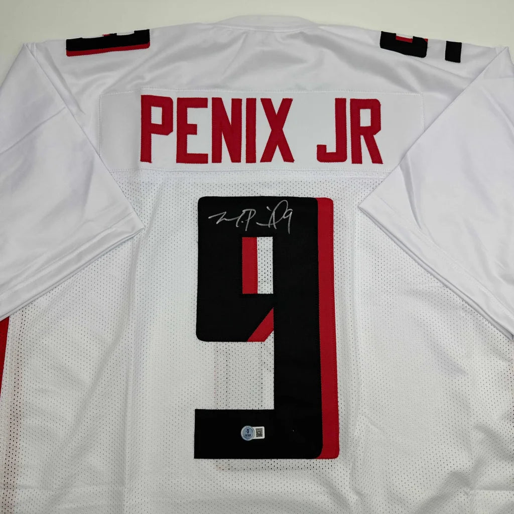 Autographed Michael Penix Jr. Atlanta White Football Jersey Beckett BAS COA | Certified Authentic Signed Memorabilia | vintageantiquesgifts.com