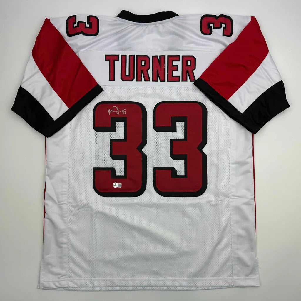 Autographed/Signed Michael Turner Atlanta White Football Jersey Beckett BAS COA