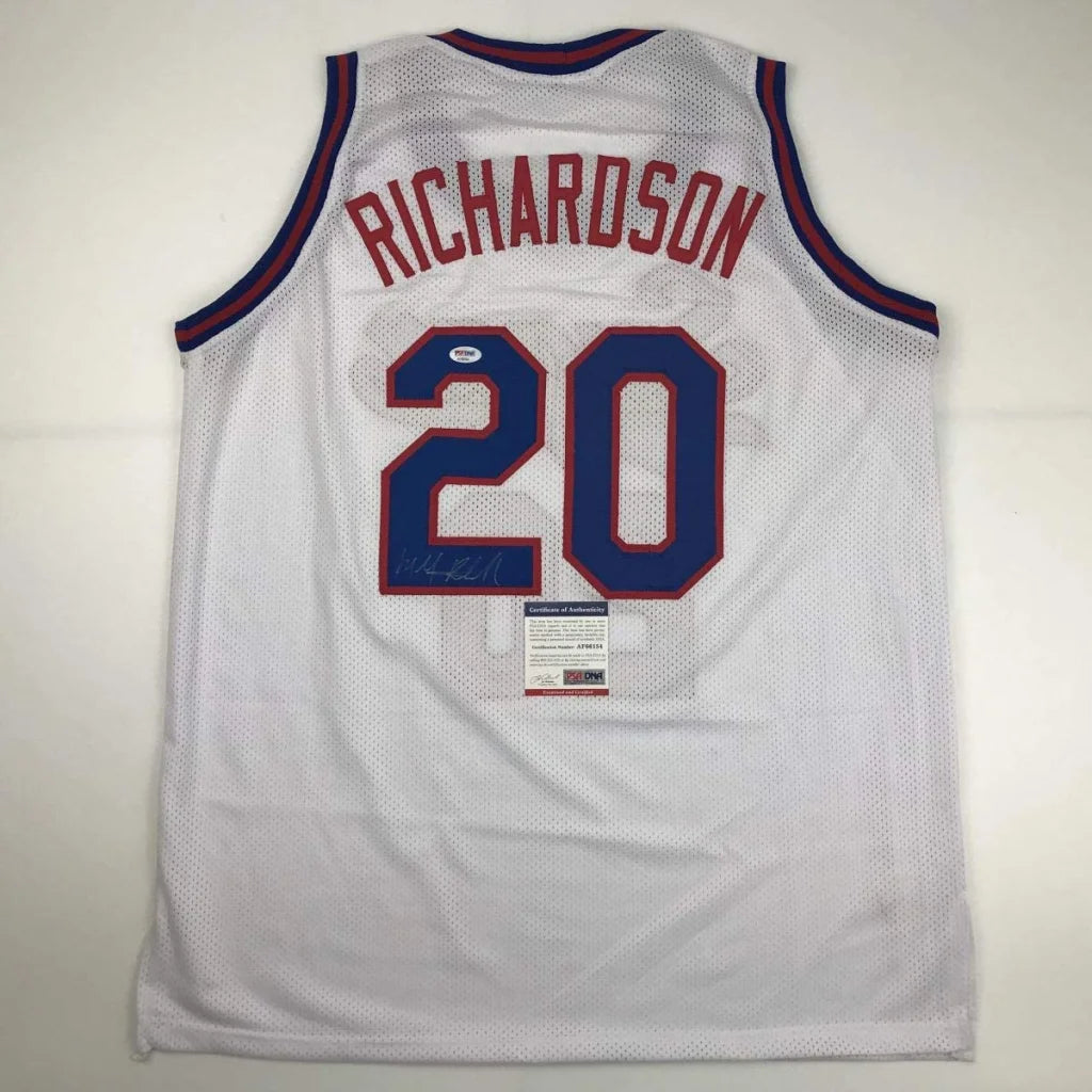 Back of white mesh professional sports custom jersey with red and blue trim featuring richardson 20 in bold numerals