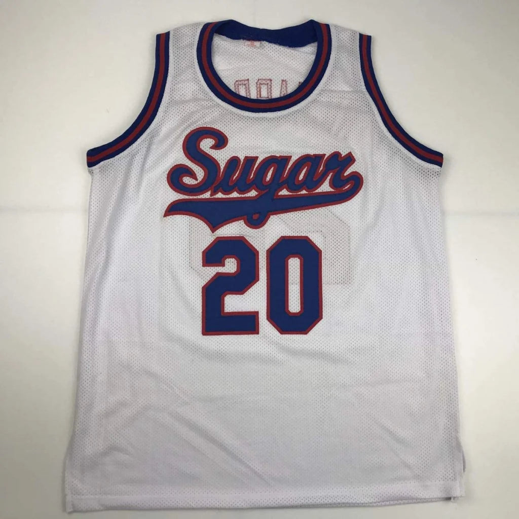Autographed Michael Ray Richardson white mesh custom basketball jersey with red blue sugar script and navy trim from professional sports league