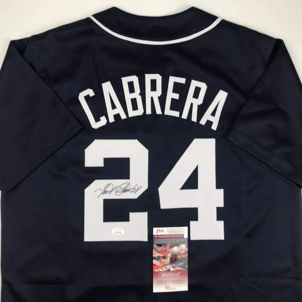 Autographed Miguel Cabrera Detroit navy blue custom jersey with number 24, JSA COA