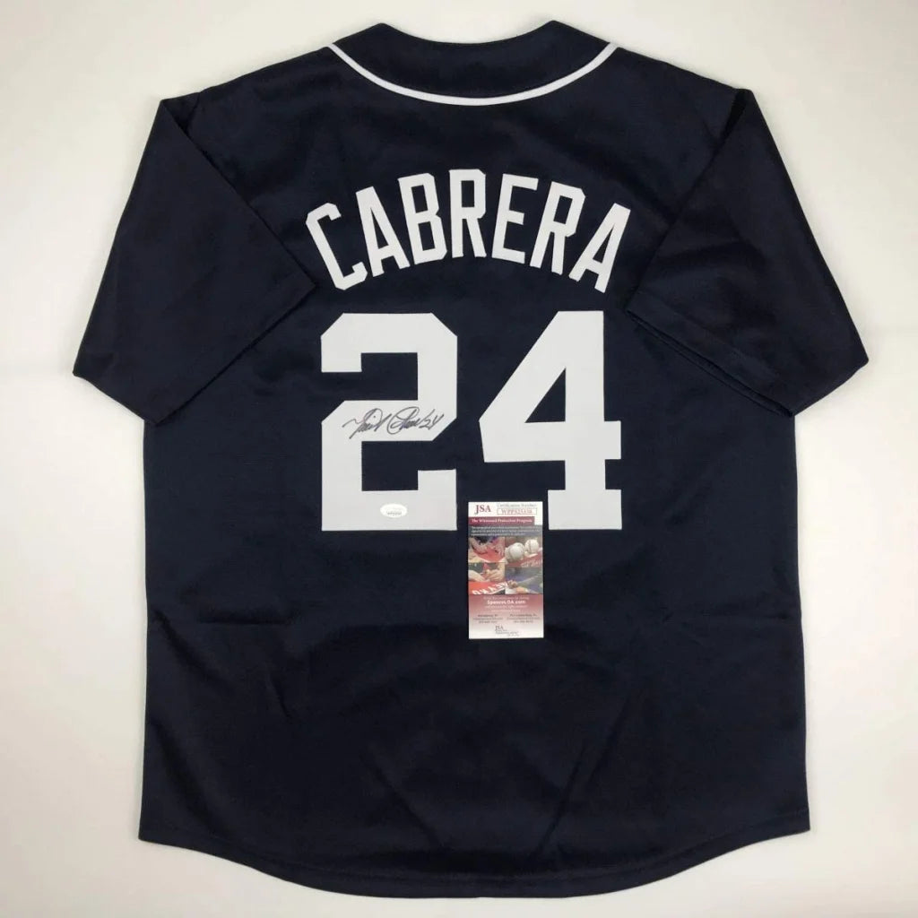 Autographed Miguel Cabrera Detroit navy blue custom jersey, number 24