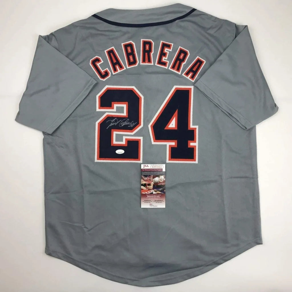 Autographed Miguel Cabrera gray custom jersey with navy 24 and signature, JSA COA