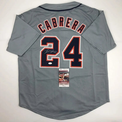 Autographed Miguel Cabrera gray custom jersey with navy 24 and signature, JSA COA