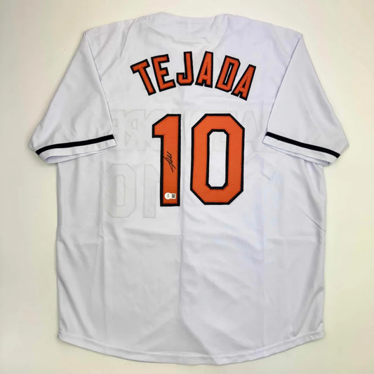 Autographed Miguel Tejada Baltimore White Baseball Jersey Beckett BAS COA | Hall of Fame Sports Memorabilia | vintageantiquesgifts.com