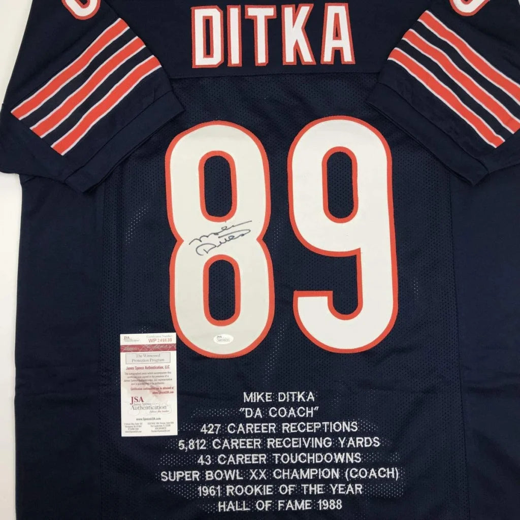 Autographed Mike Ditka navy Chicago Bears custom jersey back with 89 Ditka JSA