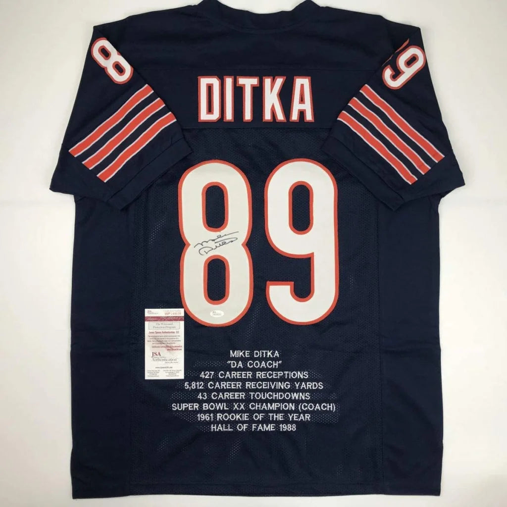 Back of autographed Mike Ditka navy blue Chicago Bears custom jersey number 89 JSA COA