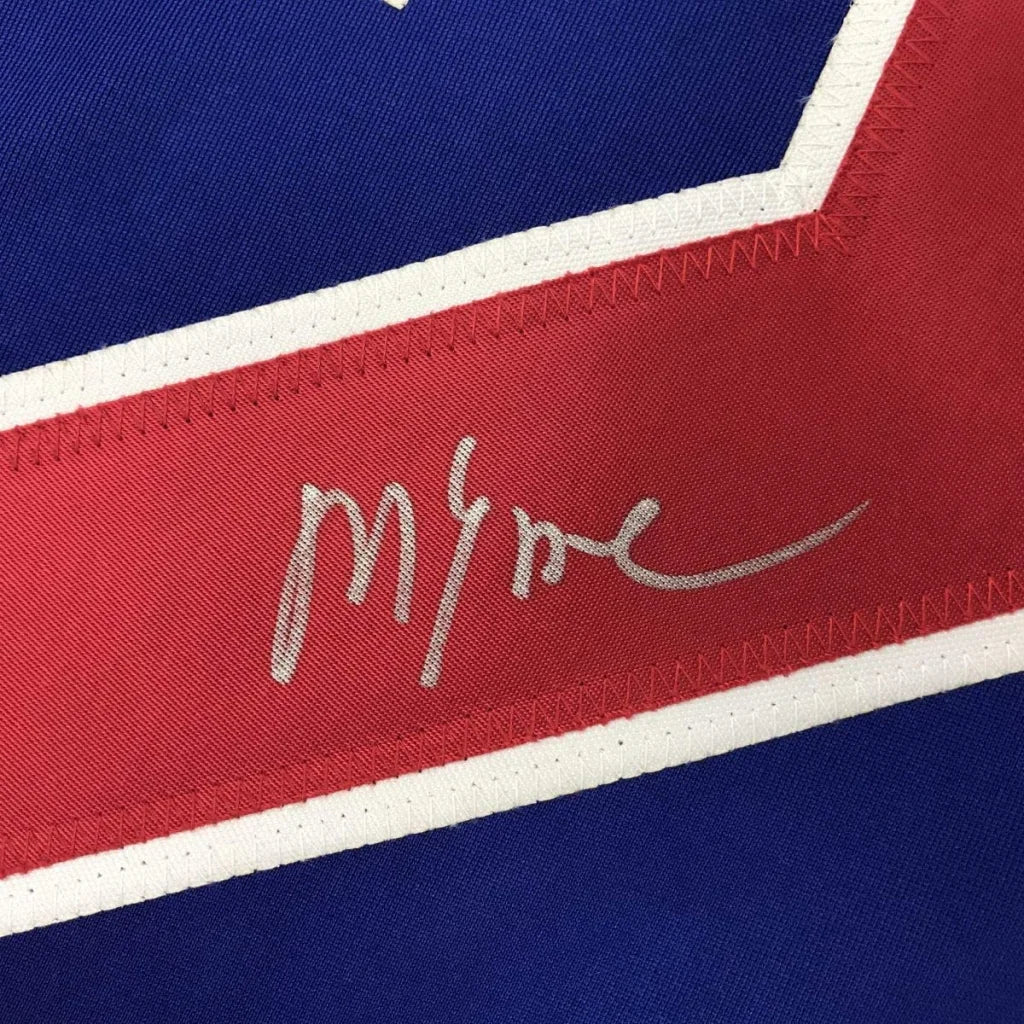 Autographed mike eruzi9e blue team usa custom jersey with silver signature on red and blue professional sports league jersey