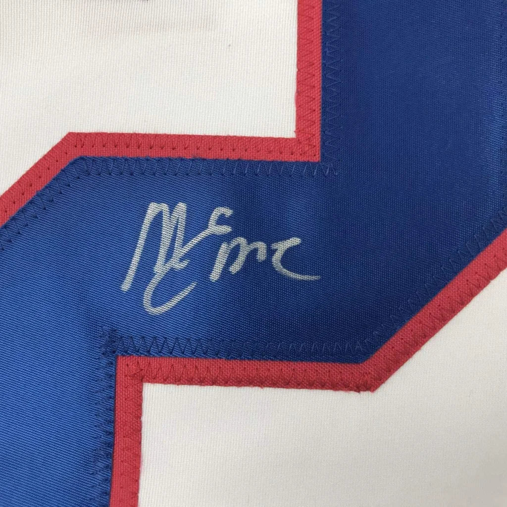 Autographed white team usa hockey custom jersey with blue red trim and silver stitched signature for professional sports fans