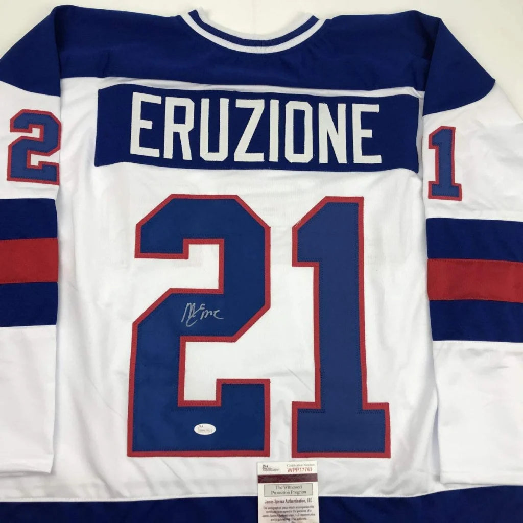 Autographed Mike Eruzione white blue custom jersey with red trim number 21 from professional sports league