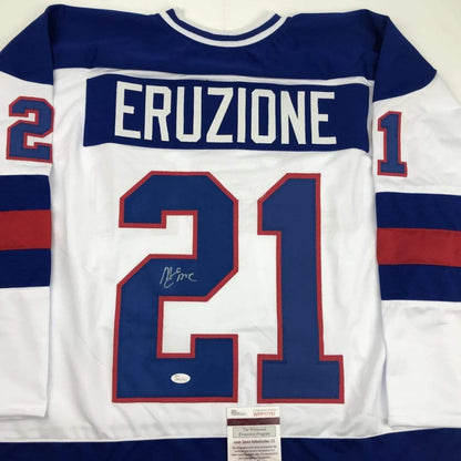 Autographed Mike Eruzione white blue custom jersey with red trim number 21 from professional sports league