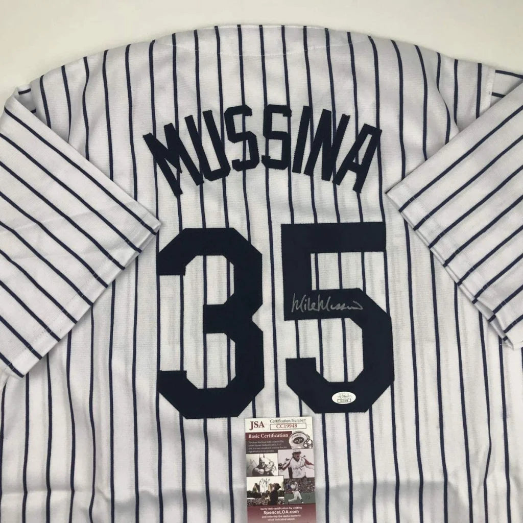 Autographed Mike Mussina New York Pinstripe Baseball Jersey JSA COA | Certified Authentic Signed Memorabilia | vintageantiquesgifts.com